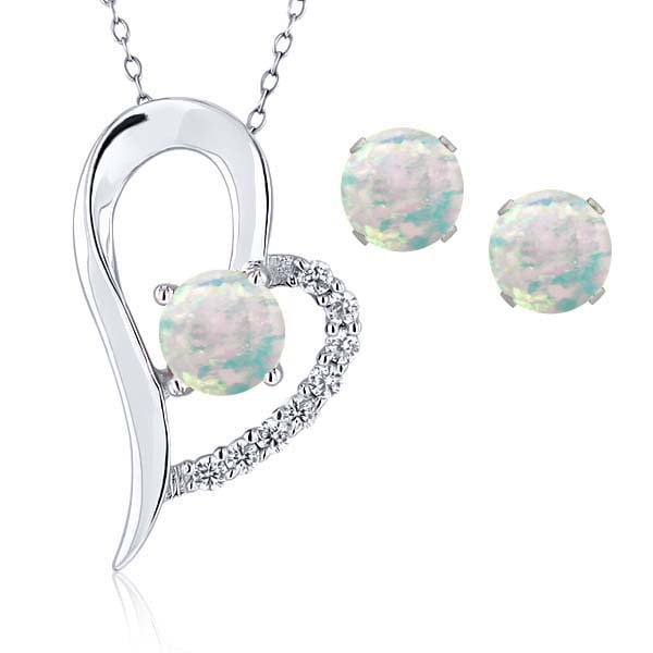 2.27 Ct Round Cabochon White Simulated Opal 925 Silver Pendant Earrings Set by