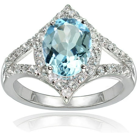 Large Split Rings - Blue and White Topaz Sterling Silver Oval Fashion Split Shank Ring