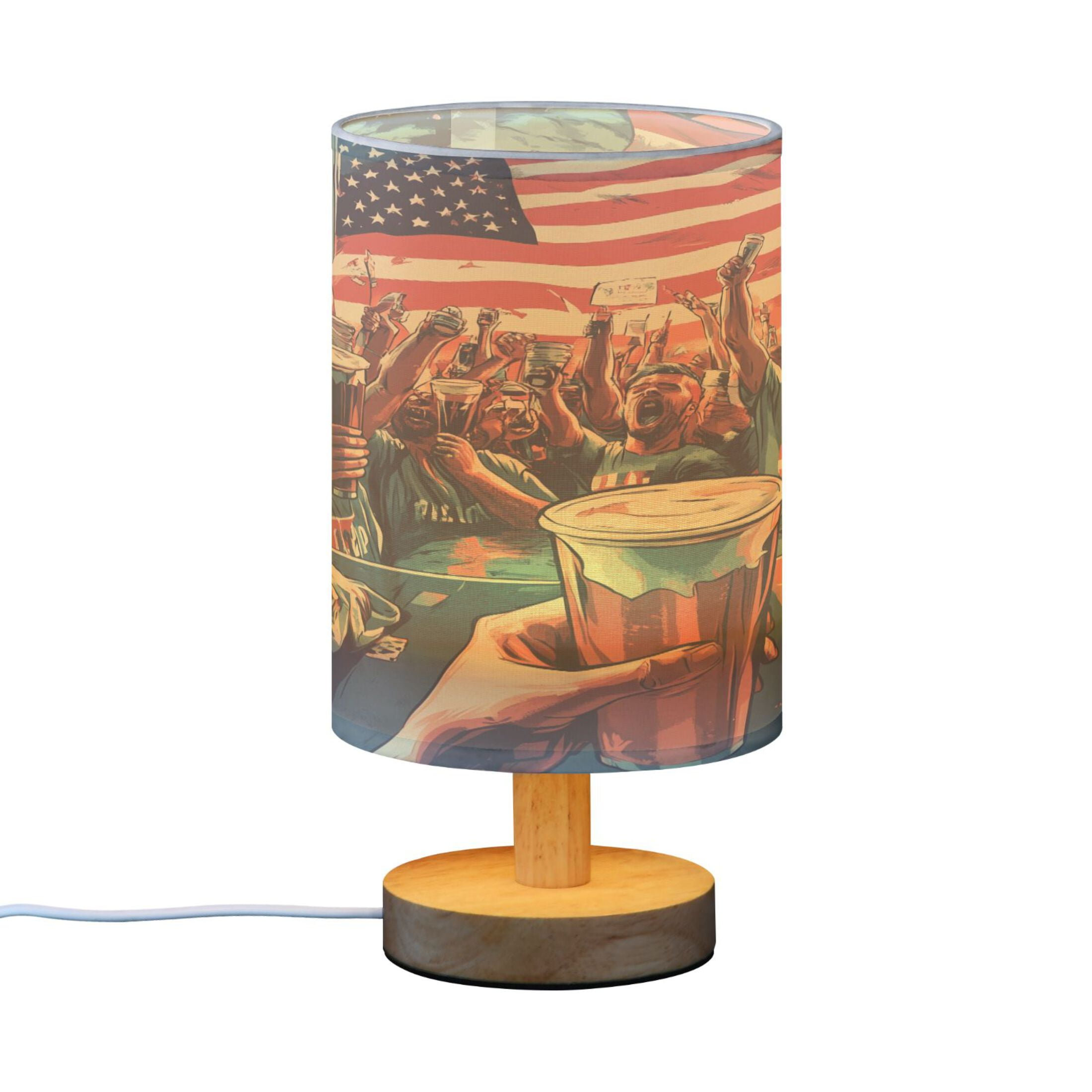 Bedside Desk Lamp LED People Cheering with Beer Table Nightstand Lamps Warm Light Fabric Lampshade for Home Bedroom Office Living Room Decor