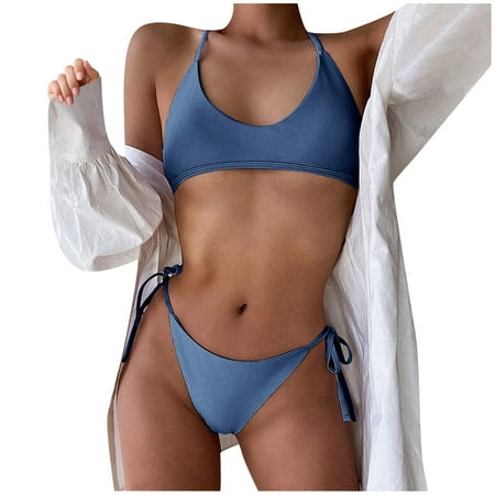 

VKEKIEO Two-Piece Sets Swimsuit Sport Bra Style Soft Cup Dark Blue L