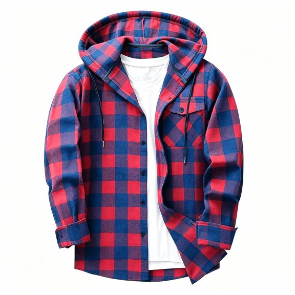 LEKWK Men's Hooded Flannel Shirt Jacket Plaid Button Down Shacket with Chest Pocket, Long Sleeve Casual Layering Top for Outdoor Work Camping Travel Daily Wear Purple XXL