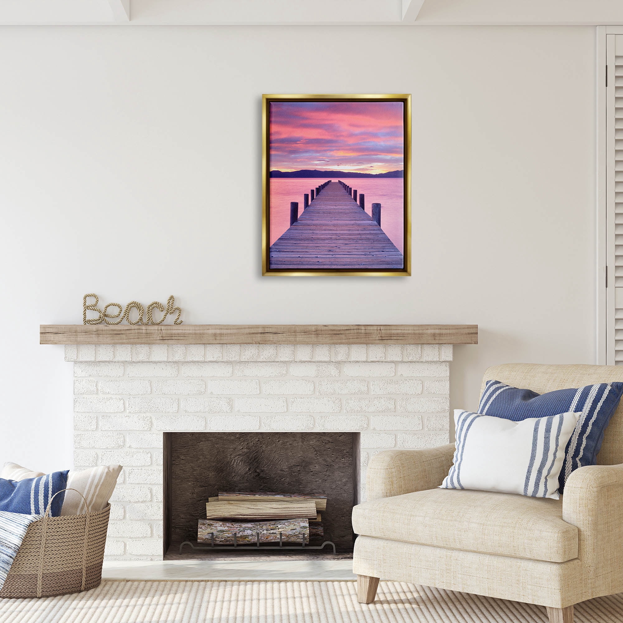 Stupell Industries Vivid Sunset Dock Coastal View Coastal Photography Gold Floater Framed Art Print Wall Art