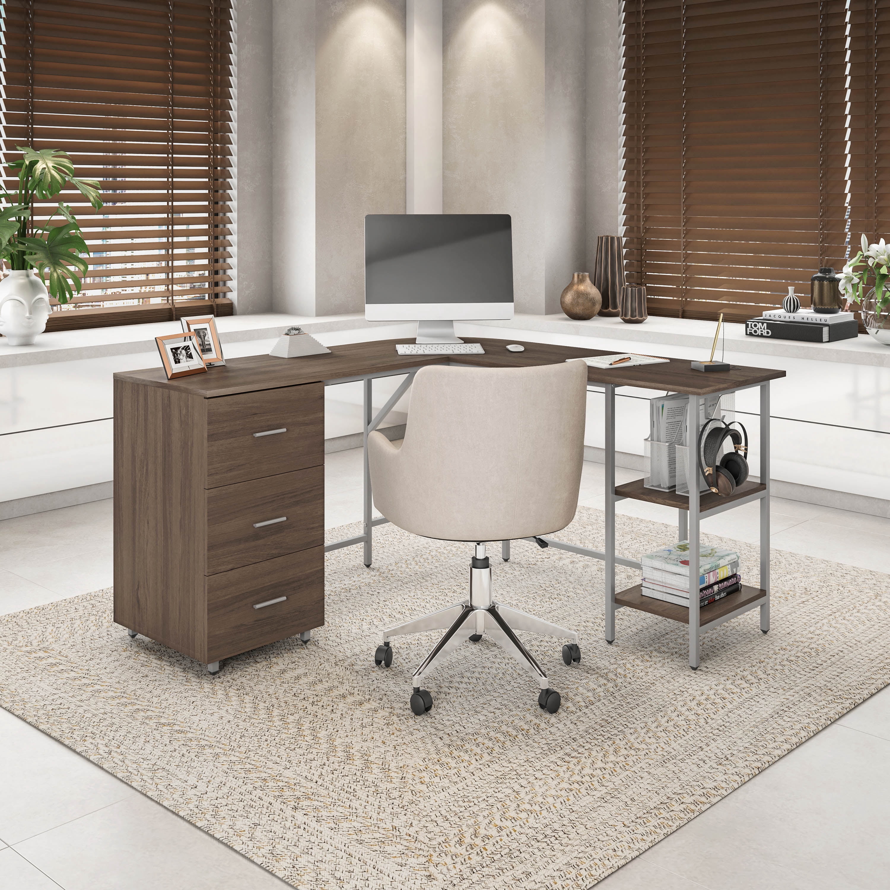 Techni Mobili L-Shape Home Office Desk with Storage, Walnut RTA-739DL-WAL