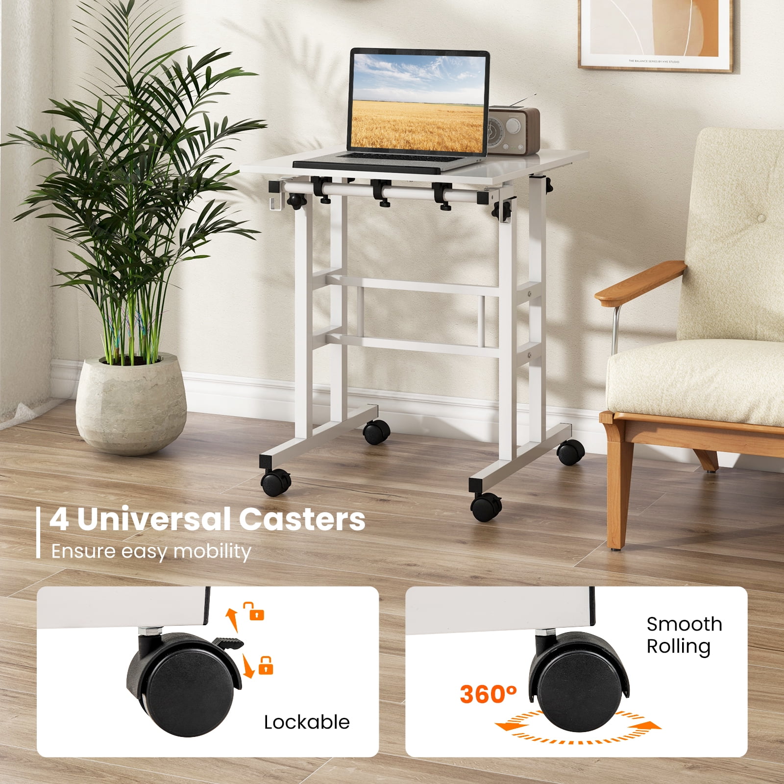 Giantex Mobile Standing Desk, Height Adjustable Sit to Stand Desk, Portable Laptop Desk, 2-Tier Computer Workstation for Home Office, White