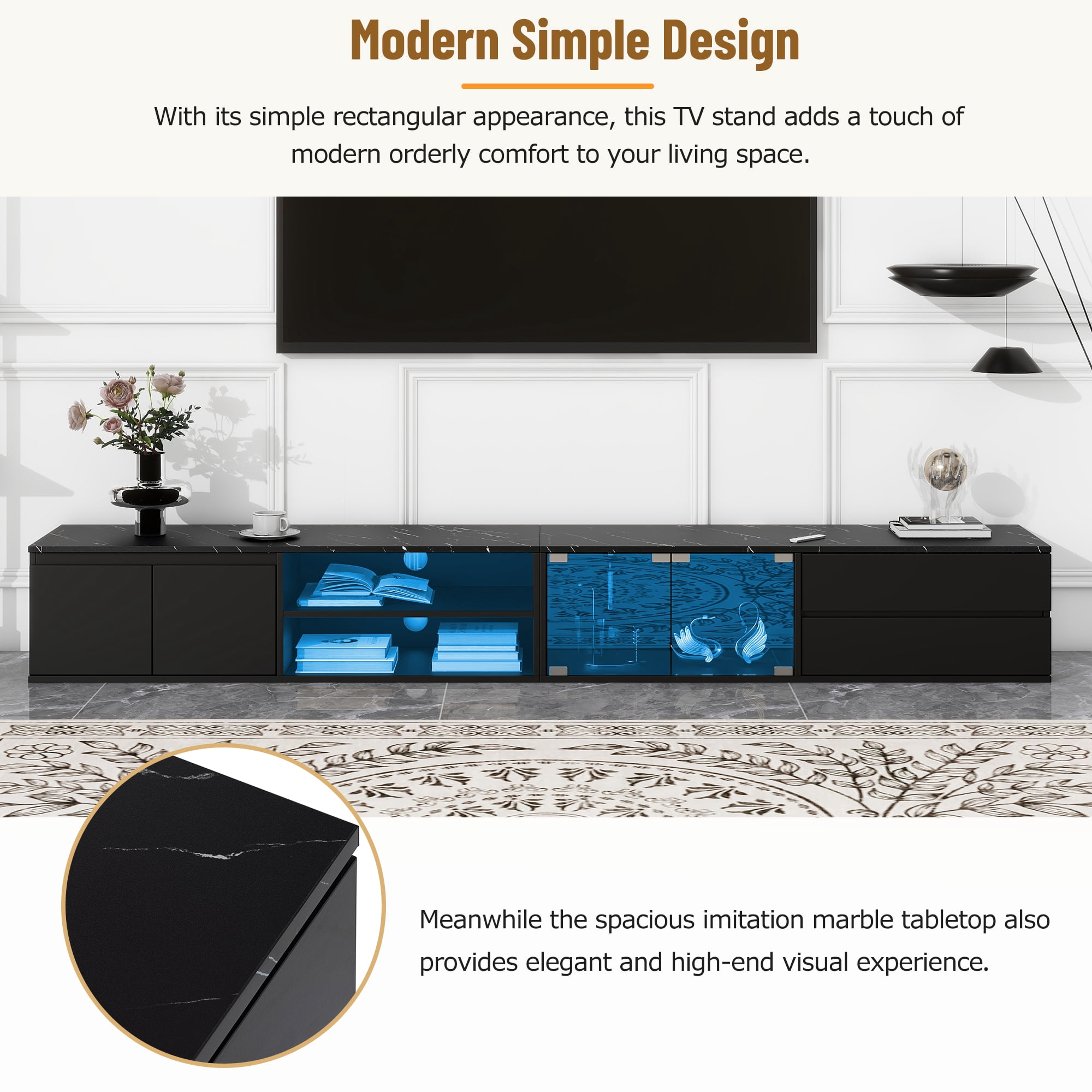 EUROCO 94.5" TV Stand Up to 100/105 inch TV,Modern APP LED TV Stand for Living Room,High Gloss Entertainment Center with Faux Marble Tabletop ,Tempered Glass Doors, 2 Drawers & Cabinets,TV Console