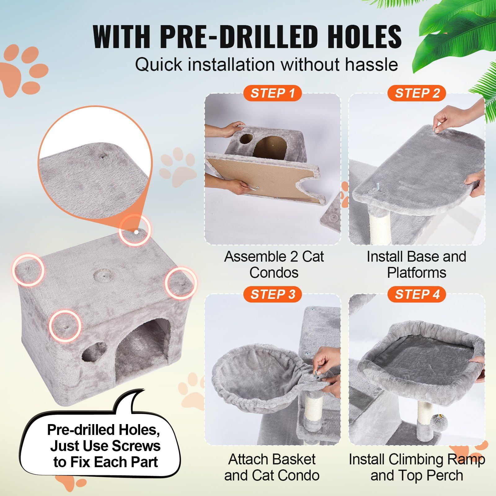 68.5" Tall Cat Tree Tower with 2 Condos, Scratching Posts, Perches, Plush Ramp & Dangling Toy for Indoor Cats