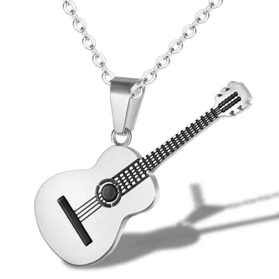 HOOUN Personalized Titanium Steel Music Guitar Pendant Chain Necklace Men Women Gift -Silver