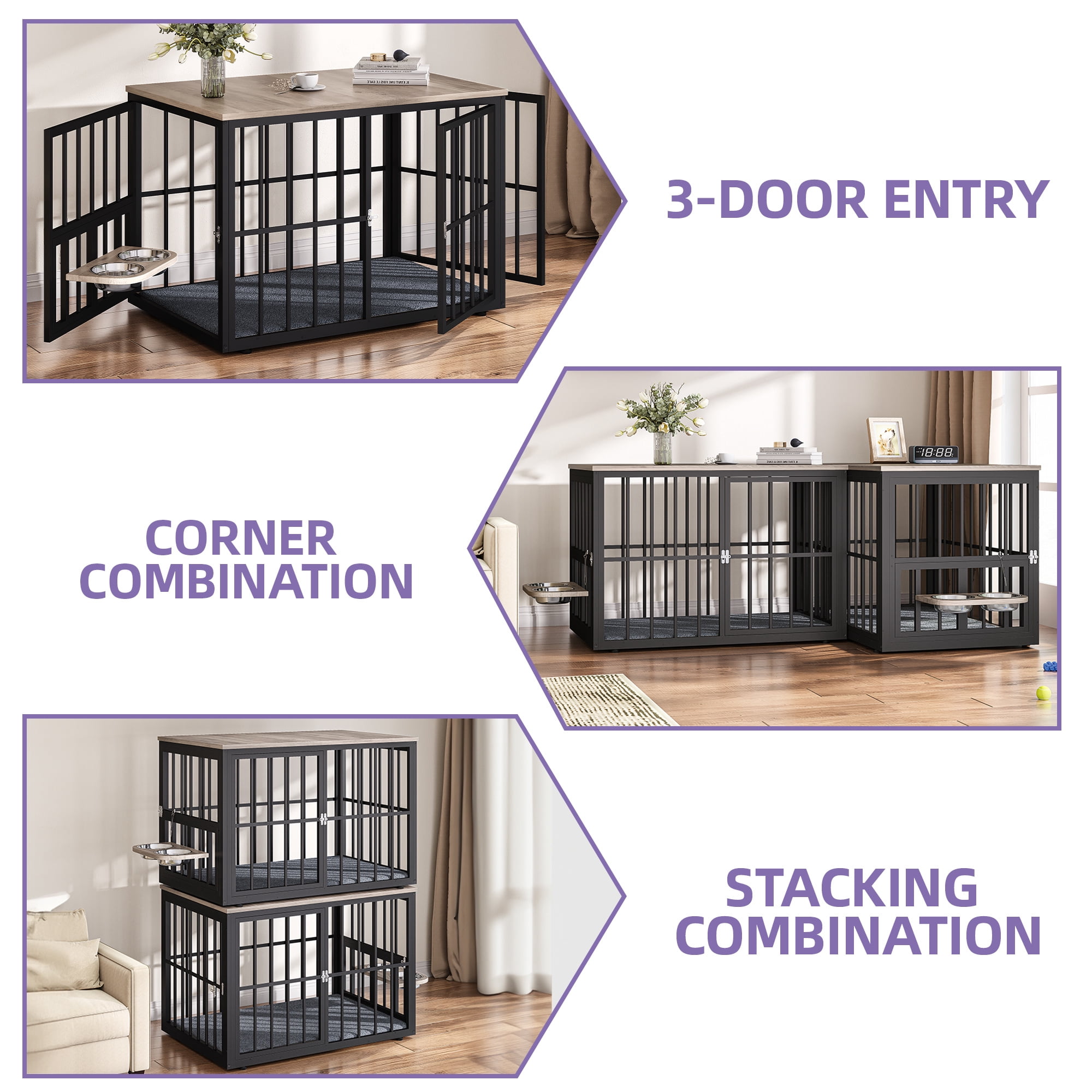 Uforic 88.6" Large Wooden Dog Crate Furniture with 3 Doors & 2 Rotatable Bowls, L-Shaped Adjustable Pet Cage TV Stand with Removable Partition for Medium Large Dogs, Gray