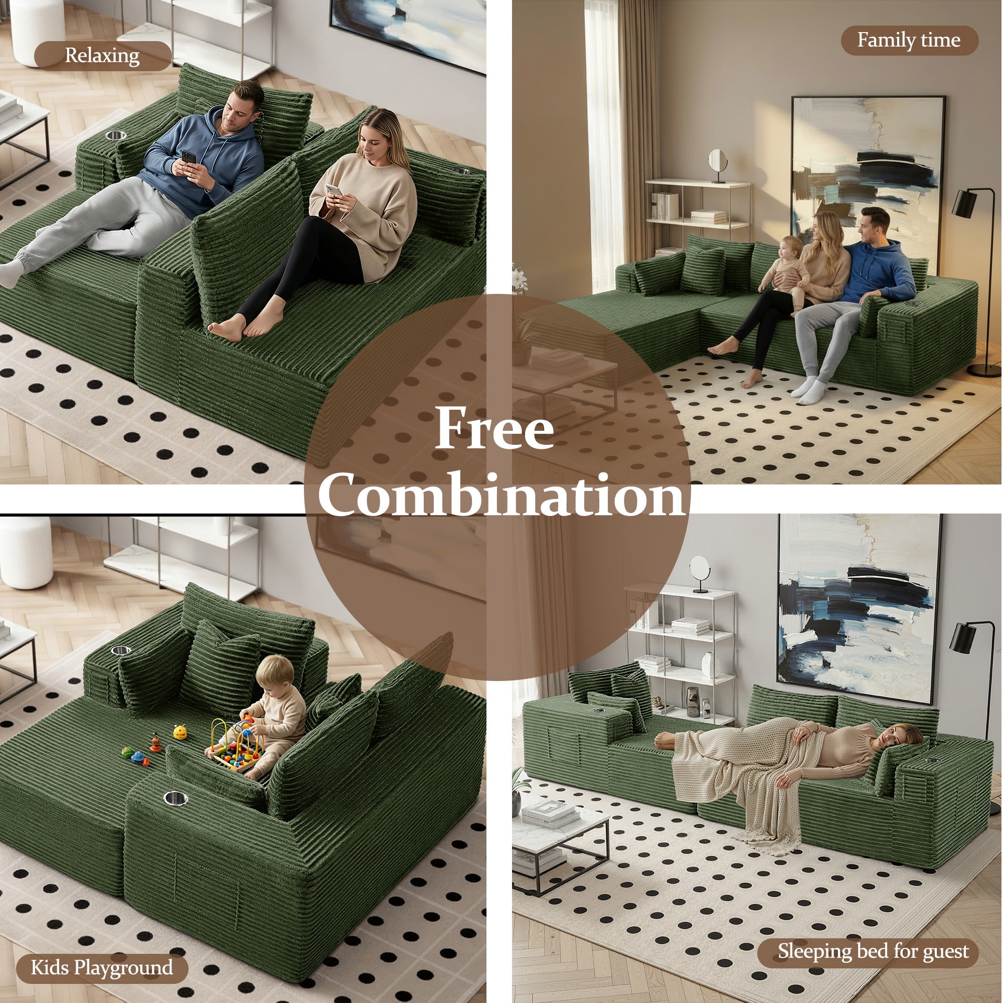4 Seats Boneless Modular Cloud Sectional Sofa with Chaise, Extra-Wide Deep Seats Plush Corduroy Sleeper Soft Couch for Modern Living Rooms, Small Spaces & Apartments (Green, 138"-L Shape Right)