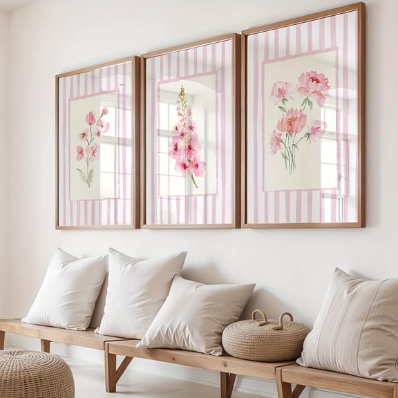 3pcs Pink Floral Gallery Posters Set - Minimalist Watercolor Flower Prints, Striped Design for Living Room & Bedroom Decor, Modern Art Inspired by Nature, Frameless Canvas Wall Art, Perfect for Home
