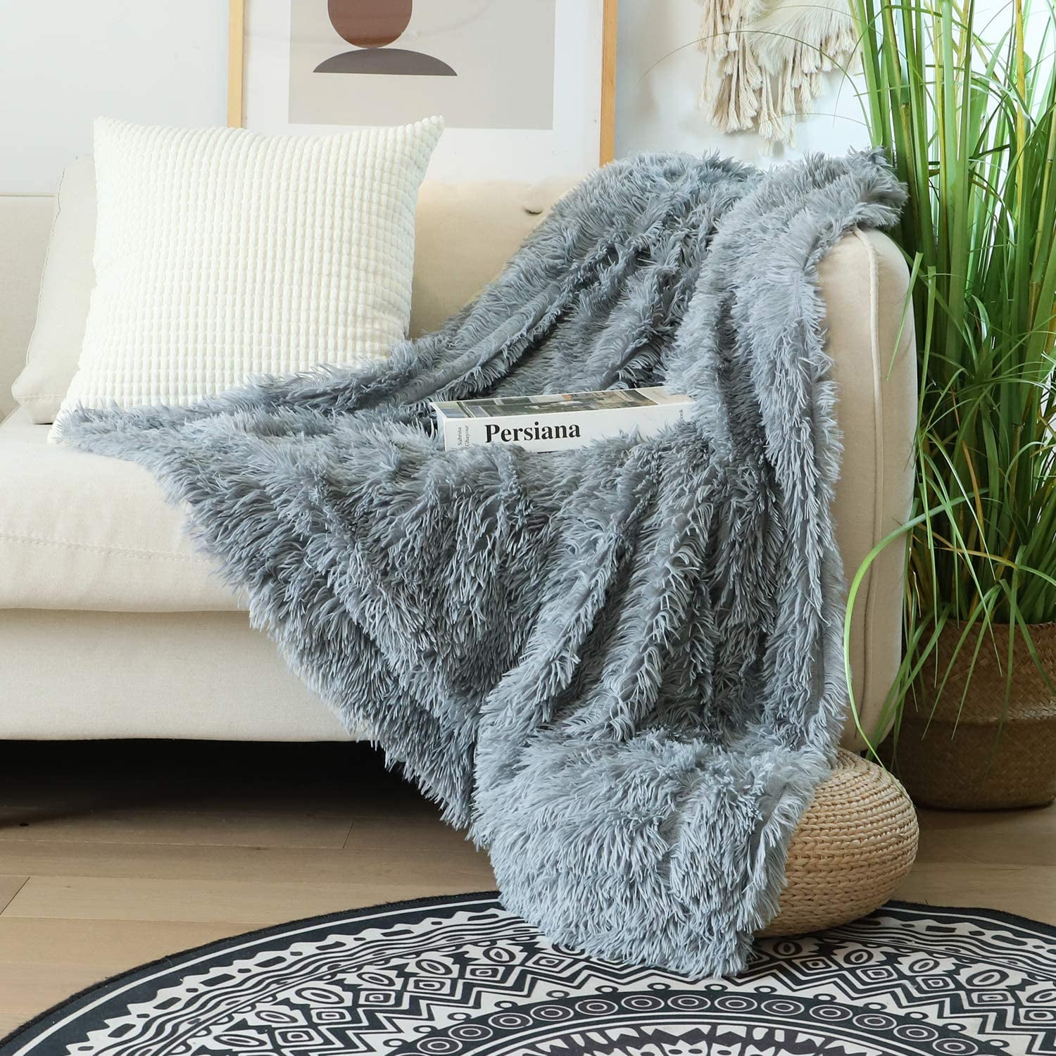 Grey, 50x60 Couch as Gift Home Decor EMME Faux Fur Throw Blanket Fuzzy Soft and Plush Shaggy Fall Throw Blankets for Bed Long Fur Solid Reversible Warm Cozy Luxurious Fluffy Blanket for Sofa 