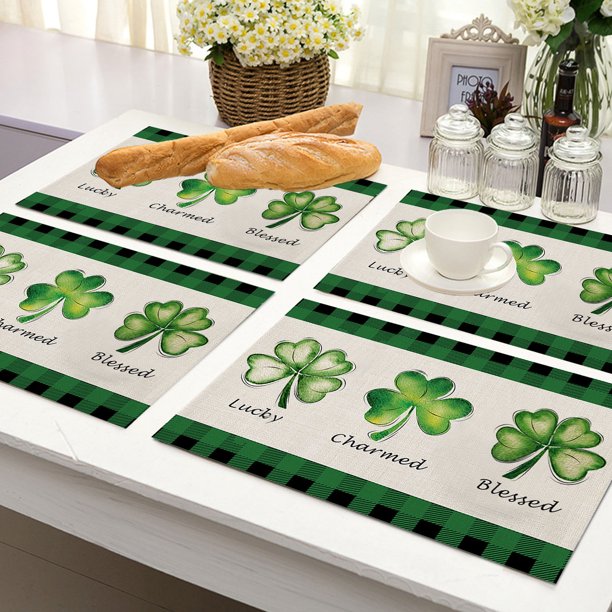 Decoraciones para el Día de San Patricio, Accesorios para el Día de San Patricio, 4 manteles individuales nuevos de lino con estampado de cuatro hojas, manteles aislantes para fiestas navideñas, mante