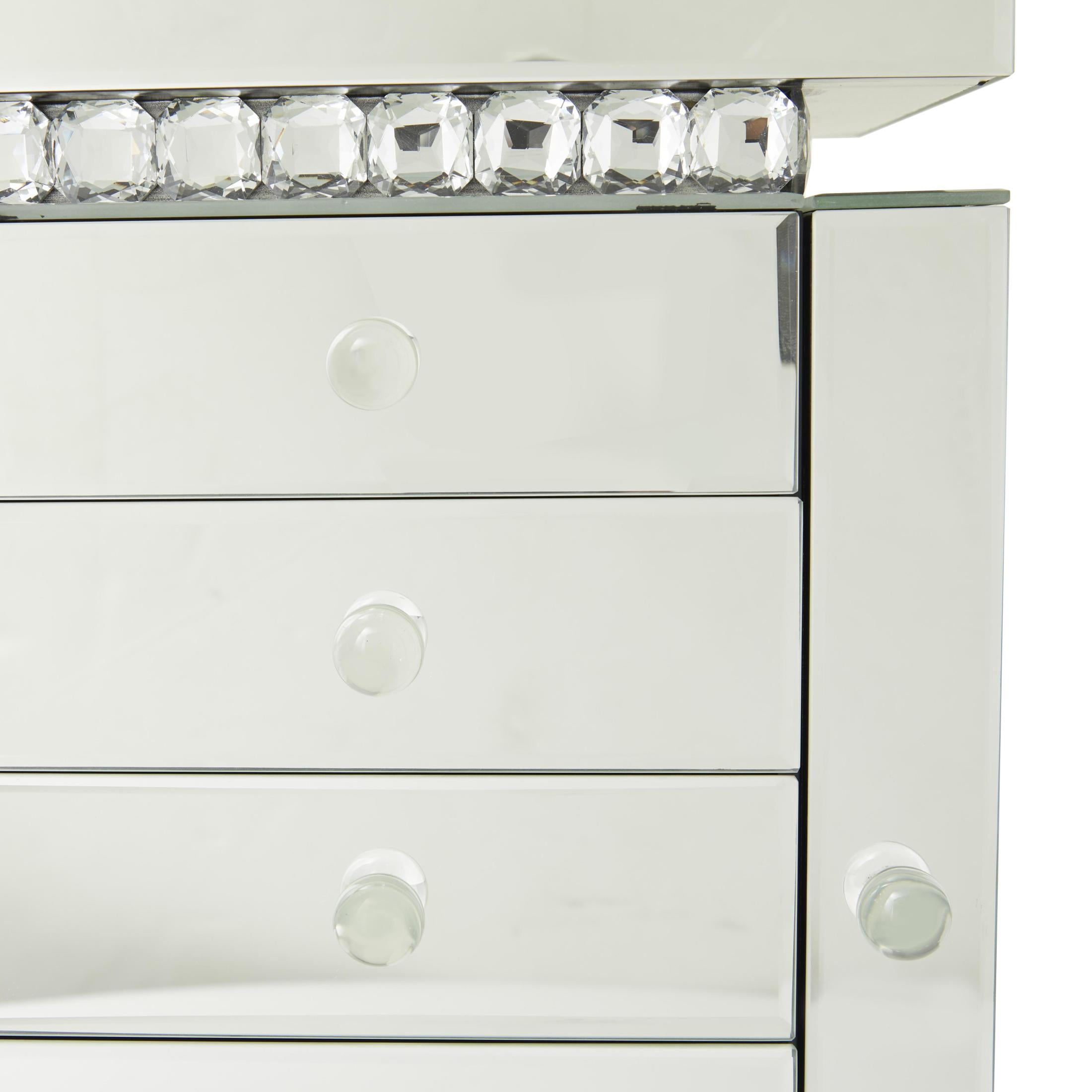 DecMode Mirrored 5 Drawers Silver Wooden Decorative Jewelry Box with Crystal Embellishments