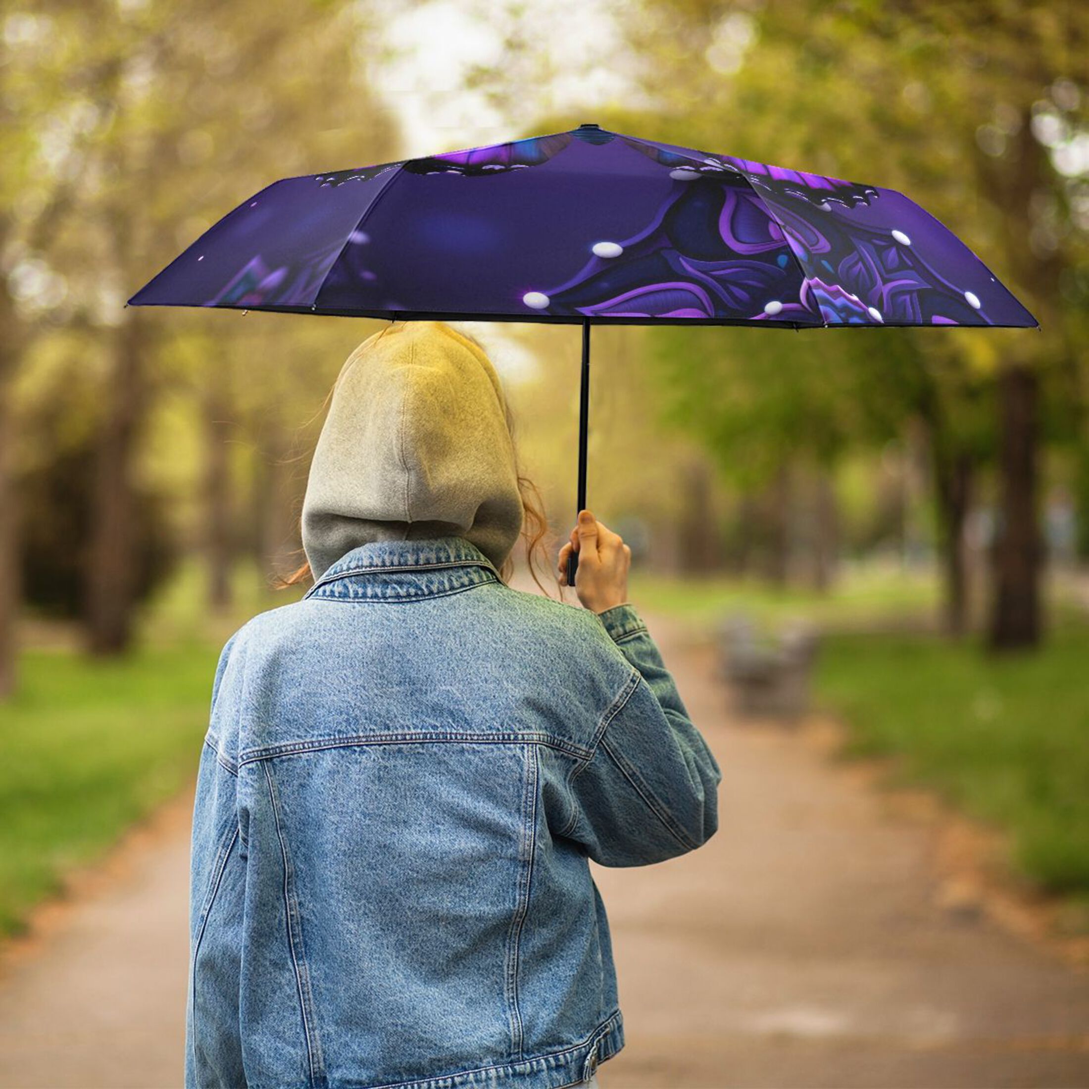 Mandala Flowers Purple Butterflies All Weather Umbrella Triple Folding Parasol 6 Ribs UV Protection Portable