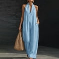 thumbnail image 2 of JULMCOMO Jumpsuits for Women Deep V Neck Halter Loose Fit Summer Outfits Sleeveless Wide Leg One Piece Casual Rompers with Pockets Sky Blue L, 2 of 5
