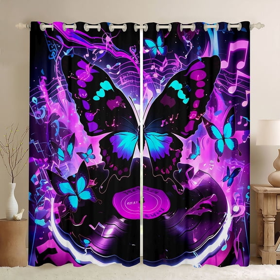 Castle Fairy Flying Butterflies Girl Black Out Curtains,Musical Vinyl Record Curtains Pack of 2 (42x63 Each),Abstract Gradient Bedroom Curtains,Breathable Home Decor