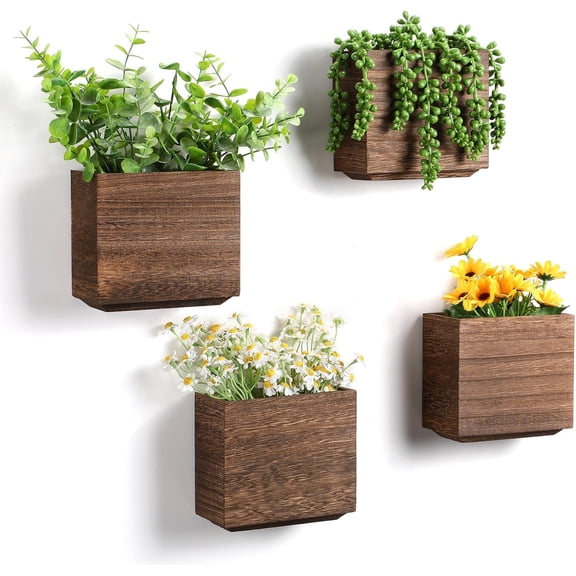 4 Pack Wood Wall Planters Natural Hanging Plant Pots Natural Farmhouse Wall Hanging Decor Vase for Indoor ADried Flowers and Faux Greenery