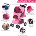 thumbnail image 4 of SuperDeal Folding Pet Stroller for Small Dog Cat, 4 Wheels Breathable Pet Carrier W/Cup Holder & Basket, Pink, 4 of 12