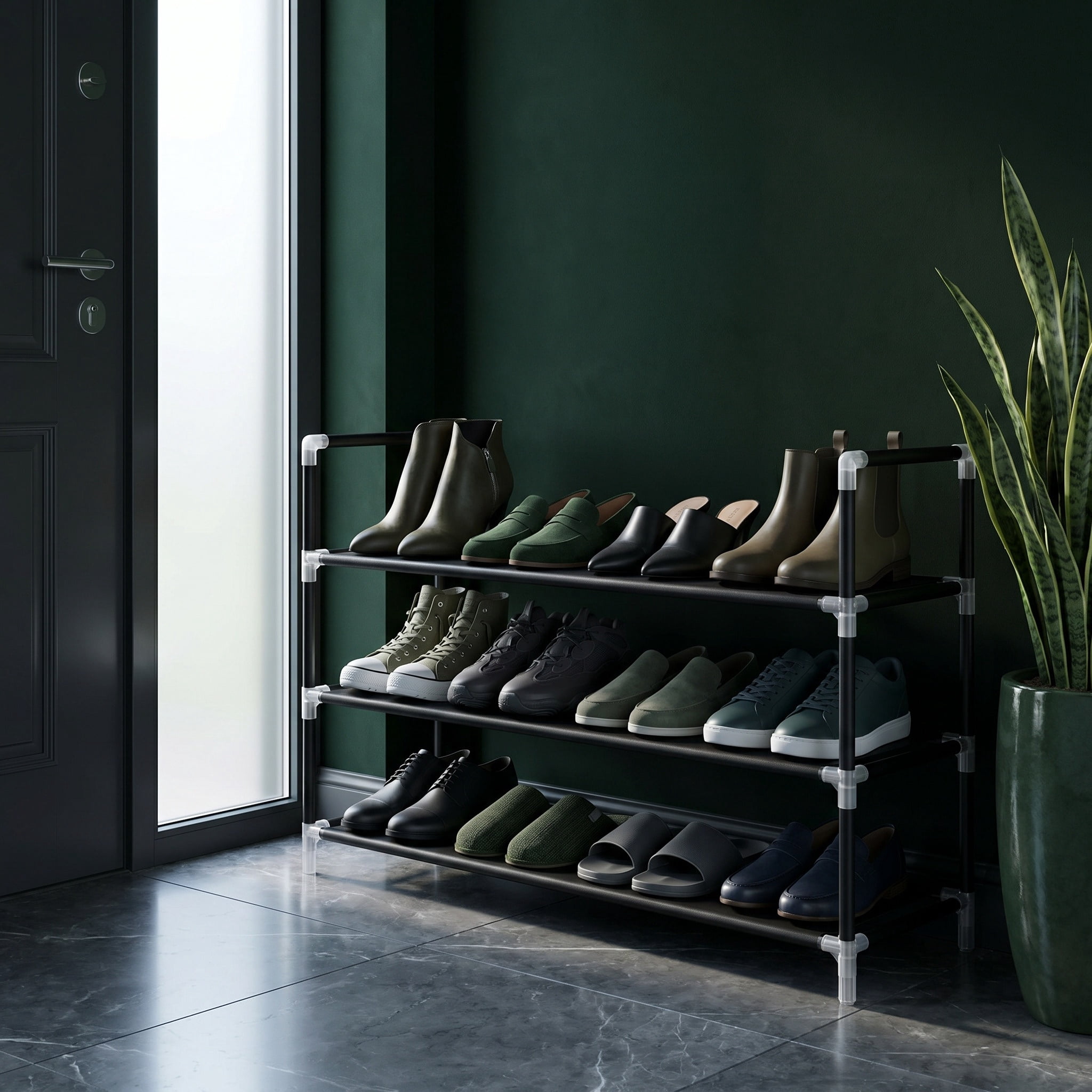 Nordic Hygge 3-Tier Slim Space-Saving Shoe Storage Organizer for Hallway, Closet, and Entryway, Durable Metal Frame with Non-Woven Fabric Shelves, Black