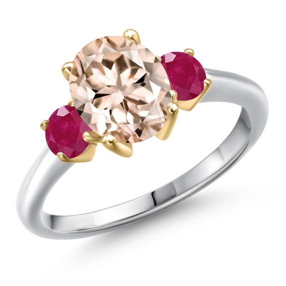 Gem Stone King 925 Silver and 10K Yellow Gold Peach Morganite and Red Ruby Engagement Ring for Women | 2.30 Cttw | Oval 9X7MM | Gemstone October Birthstone | Size 7