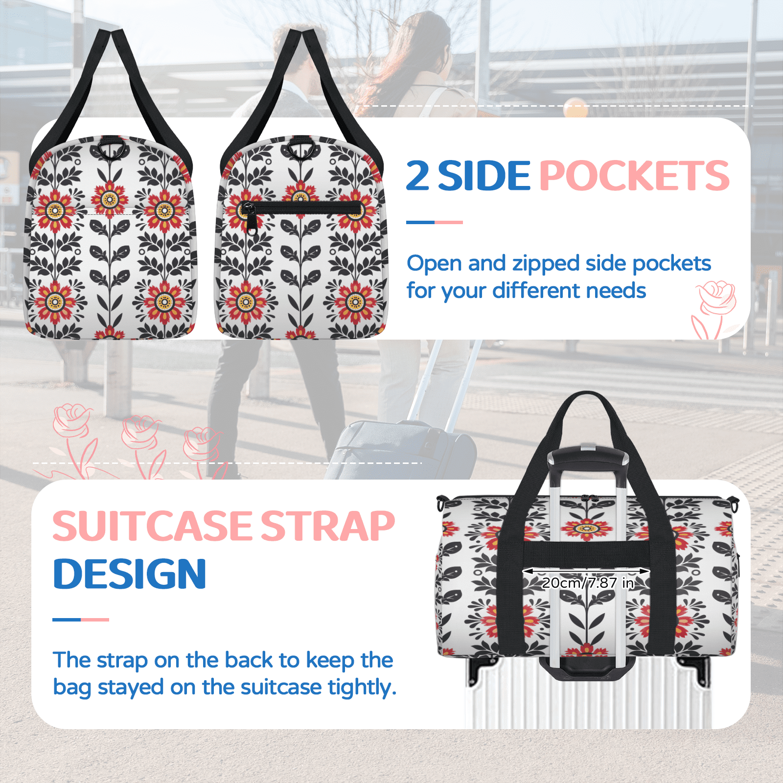 Herdesigns Flower Gym Bag for Women, Duffle Bag for Travel Sport, Vintage Retro Floral Plant Lightweight Waterproof Carry on Weekender Dance Yoga Workout Bags