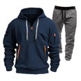 thumbnail image 2 of Men's Winter Fleece Multi-pocket Zipper Sweatshirt Suit Personalized Casual Hoodie Set, for Outdoor Activities and Winter Casual Wear,Navy,M, 2 of 5