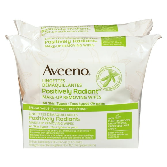 Aveeno Make Up Removing Wipes, Positively Radiant Facial Cleansing Wipes with Soy Extract, Oil Free and Non-Comedogenic, 50 wipes