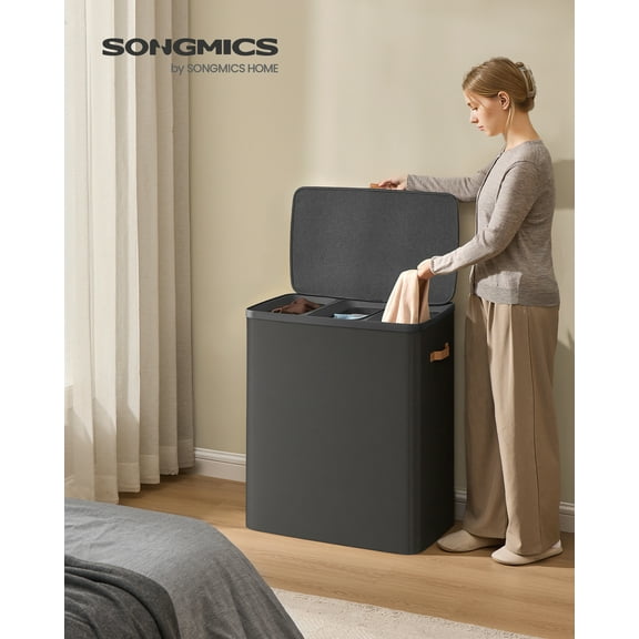 Laundry Hamper, 50.2 Gal 3-Compartment Basket with Lid & Removable Liners, for Whole Family Laundry Sorting, Ink Black