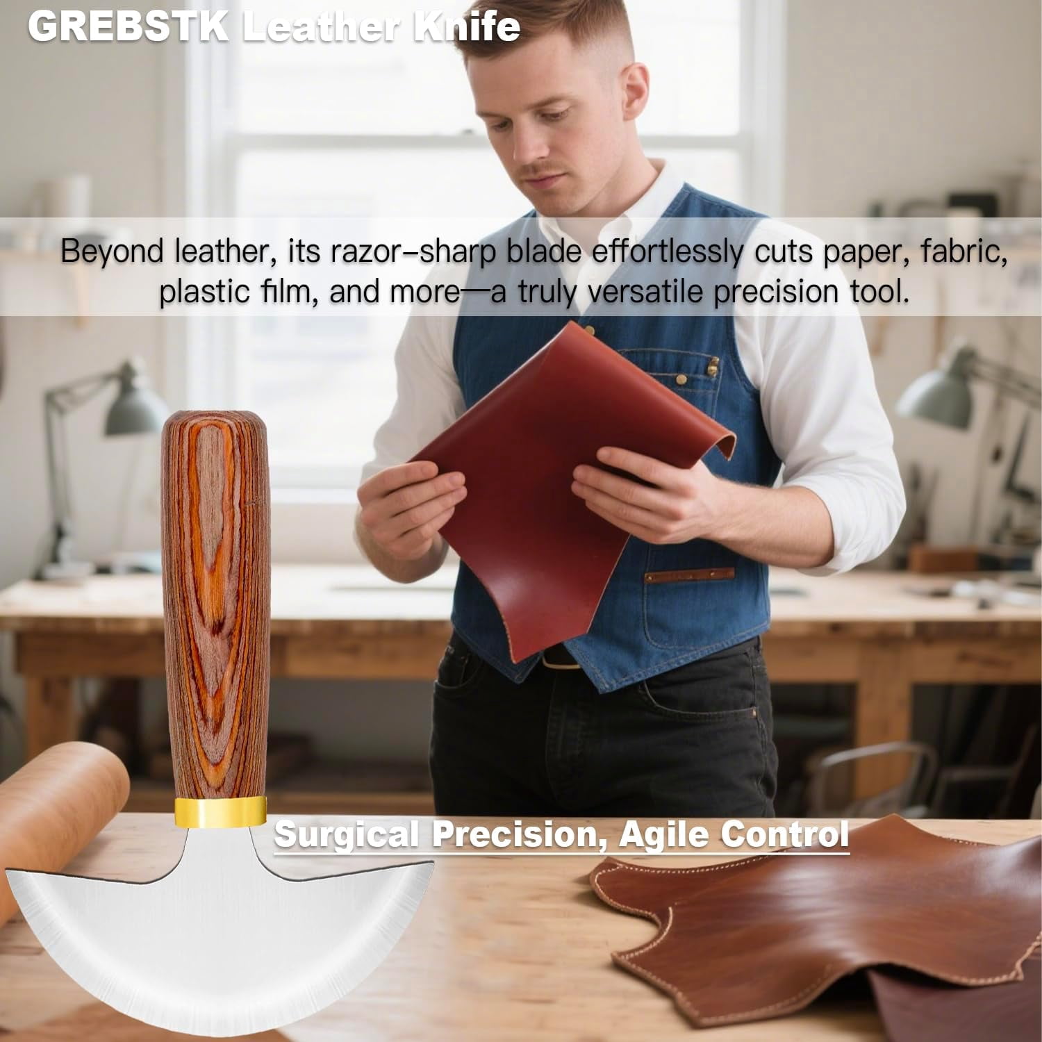 ABPETE Round Head Leather Knife - High Carbon Steel Half Moon Skiving & Cutting Tool for Leather Craft DIY, Belts - Walnut Handle (Professional/Beginner Tool)