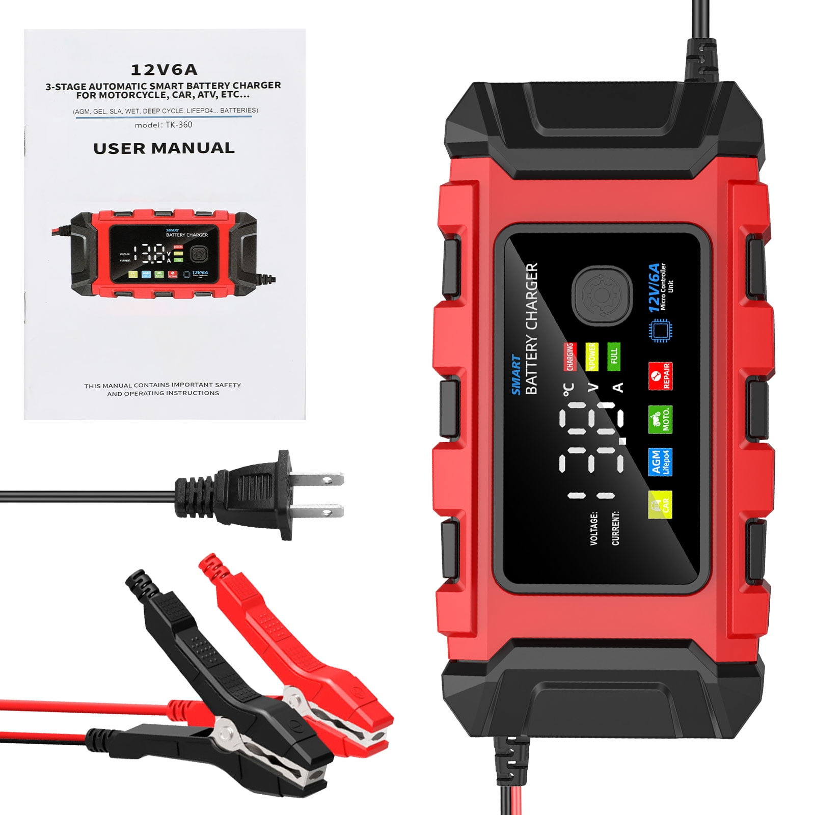 12V 6A Smart Automatic Maintainer Trickle Charger, 3-Stage Lead Acid AGM LiFePO4 Battery Charger for Cars Motorcycles Boats,Red