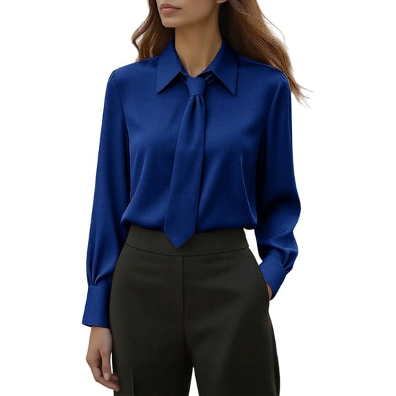 Detachable Tie Lapel Satin Button Cuff Long Sleeve Solid Dress Shirt for Women Office Business Blouse for Daily Wear S-XXL