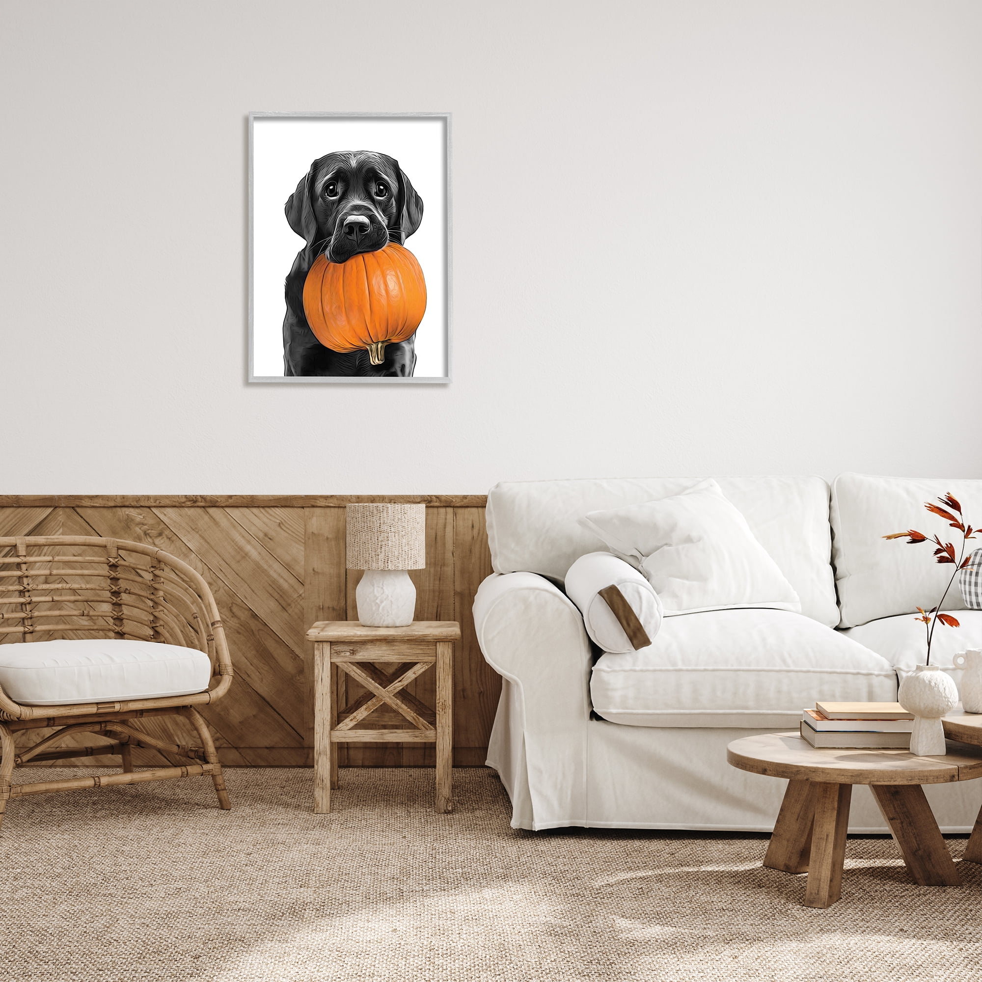 Stupell Industries Lab Dog with Pumpkin Holiday Painting Gray Framed Art Print Wall Art, 24 x 30