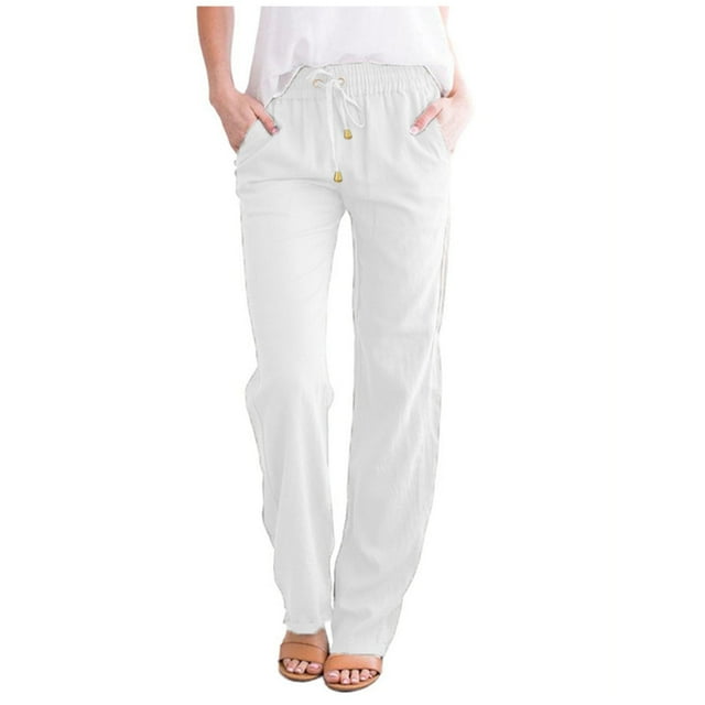 Pantalones informales rectos de algodón y lino con cintura elástica lisa para mujer - Cintura media, cordón, para todas las estaciones