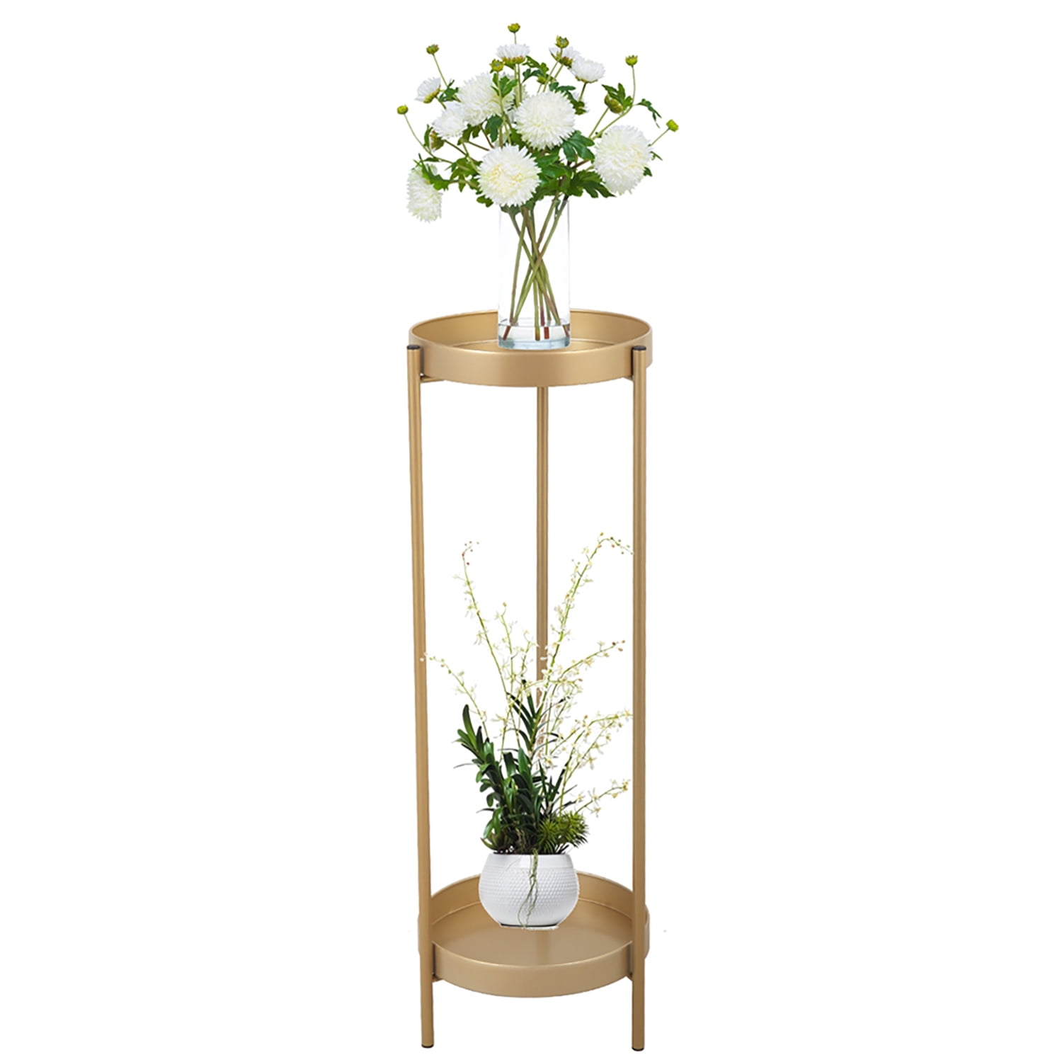 Kadyn Modern Folding Metal 2-Tier Plant Stand, Plant Shelf Rack with 2 Round Trays, Display Shelf, Golden