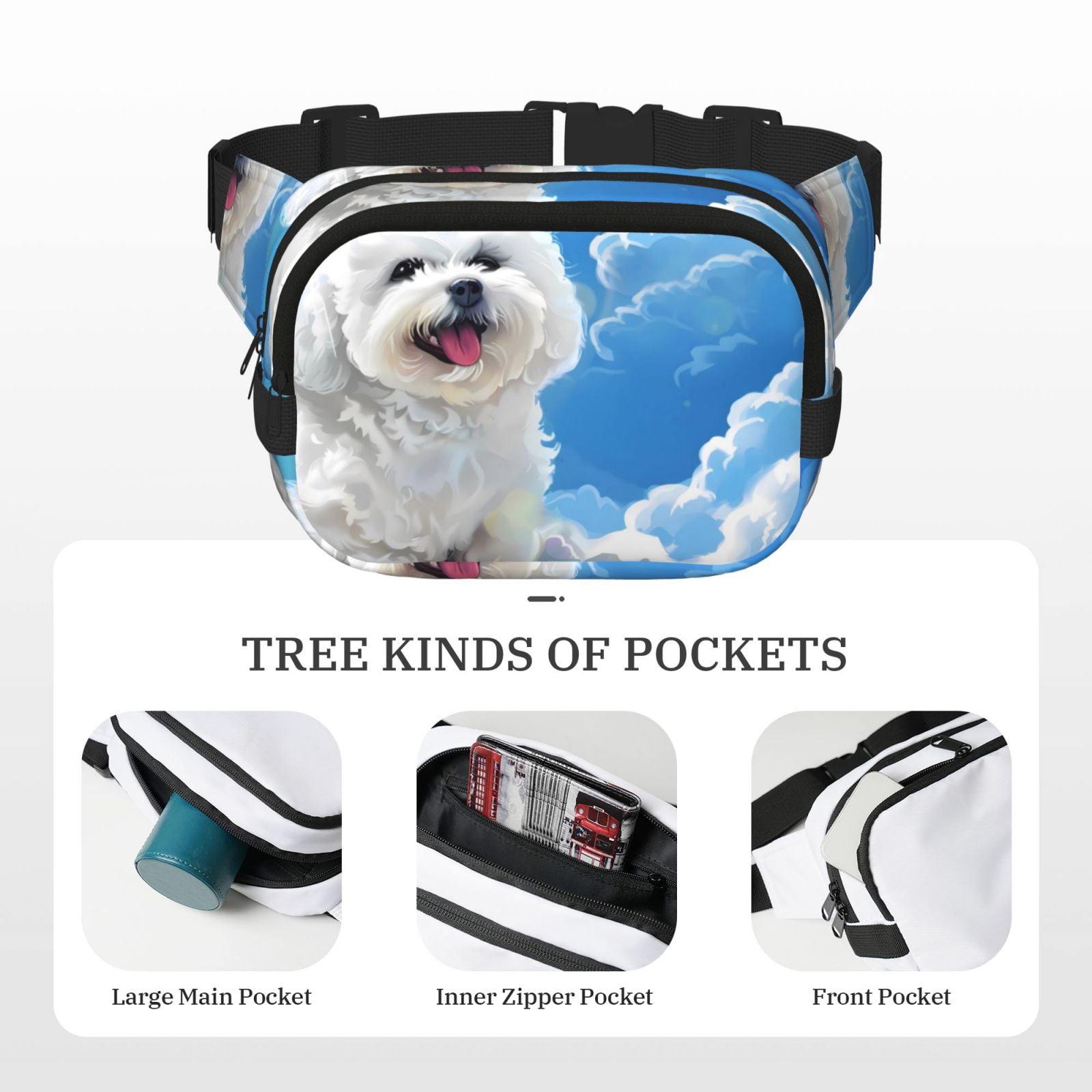 Hirioo Cute Cloud Bichon Frise for Double Layer Waist Bag Adjustable Fanny Pack For Travel Running Hiking