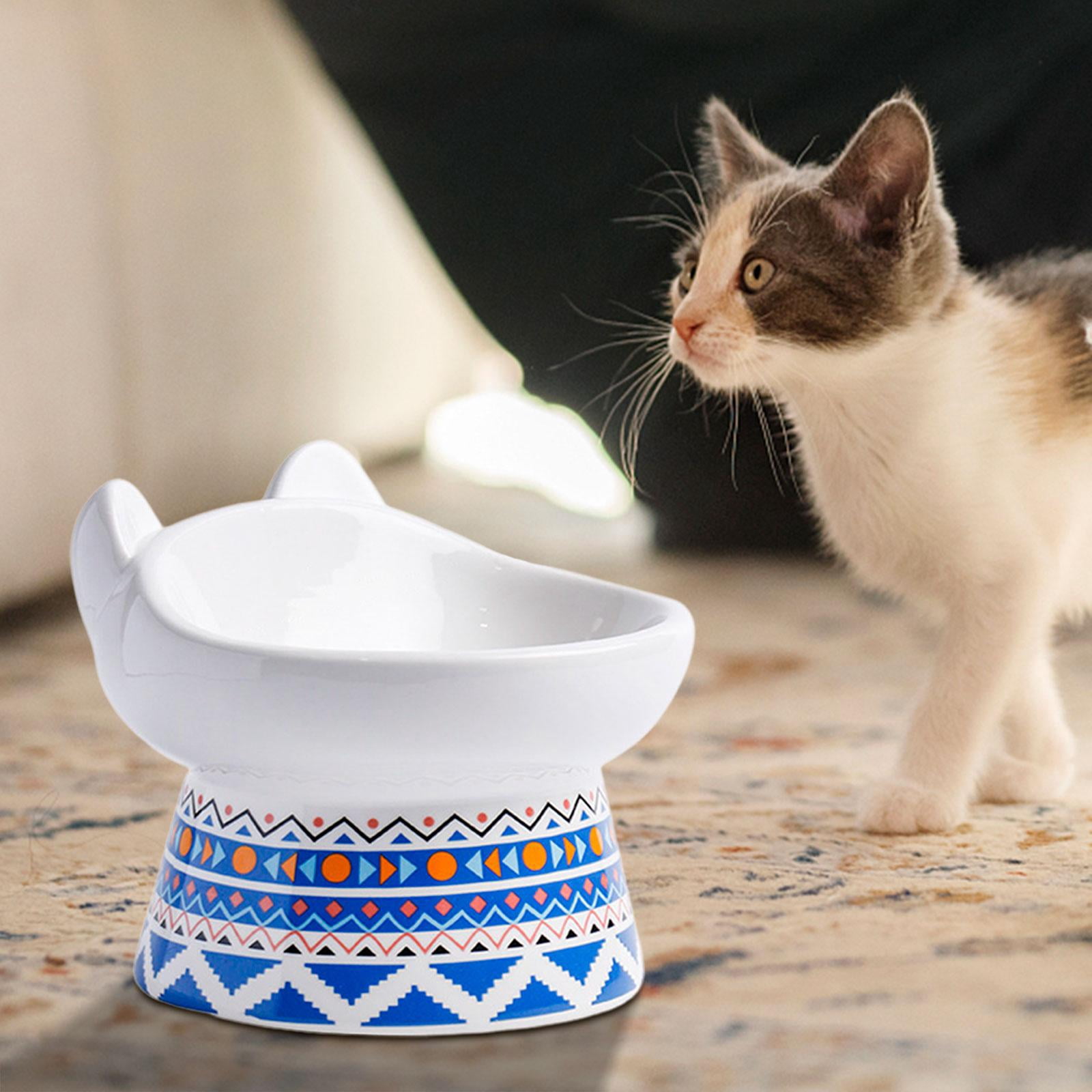 Single Bowl for Cat Dog Elevated Bowl Water Food Feeder Watering Dish Drinking Non Slip Container Ceramic Bowl Neck Protective Bowl for Cats Blue
