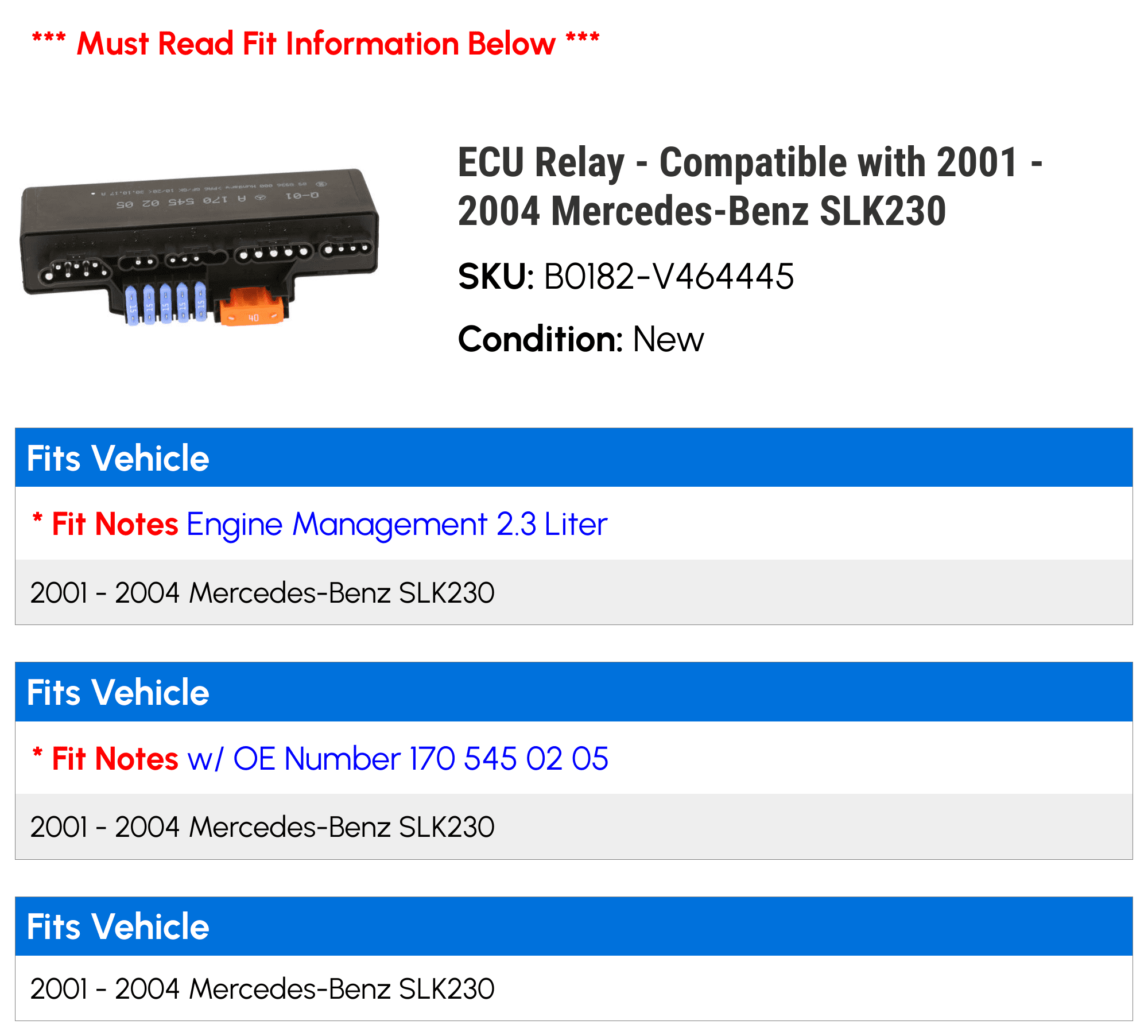 ECU Relay - Compatible with 2001 - 2004 Mercedes-Benz SLK230 2002 2003