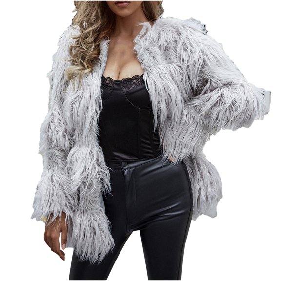 Lyinloo Womens Ladies Warm Faux Furry Coat Jacket Winter V-neck Solid Outerwear Gray S
