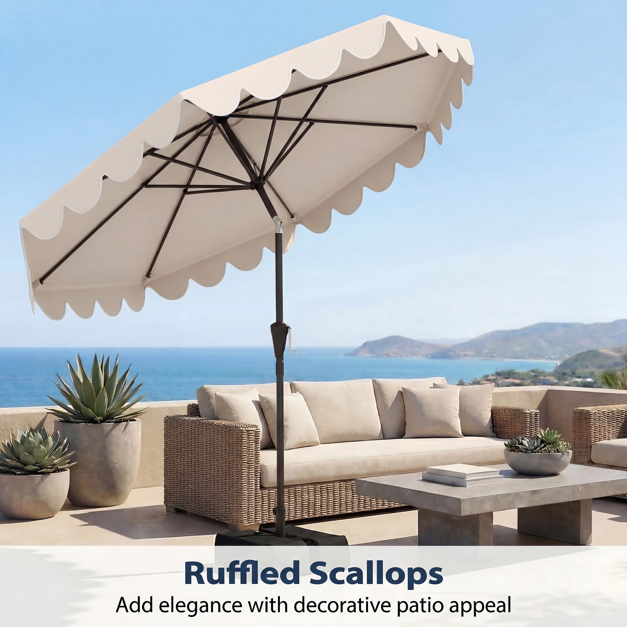 Patiojoy 10 FT Patio Umbrella with Weighted Base Included Outdoor Market Umbrella with Push Button Tilt & Crank Beige