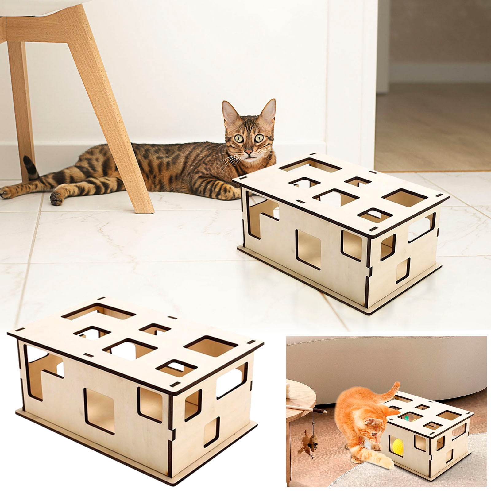 ddioayh Interactive Cat Puzzle Toy,Removable Wooden Porous,Educational Toy Box,Wooden Mental Stimulation Play Box for Indoor Cats Kittens,Interactive Scratching Boards Relieve Boredom