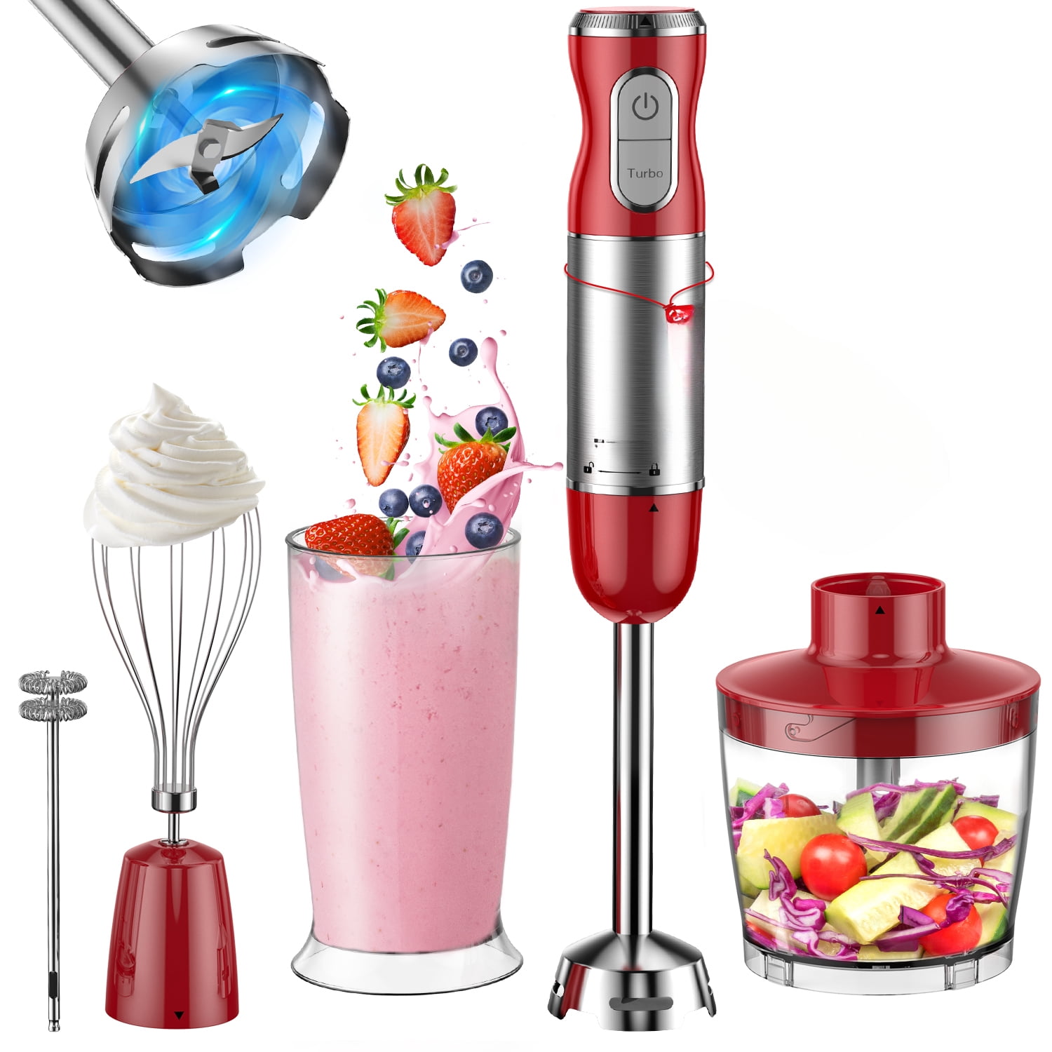 450W Immersion Blender 5 In 1 Electric Hand Blender 30 Speed Mode With Mixing Beaker Chopper Whisk Milk Frother For Kitchen Food Prep Baby Food Making 24Oz Cup 17Oz Bowl Stainless Steel Blades