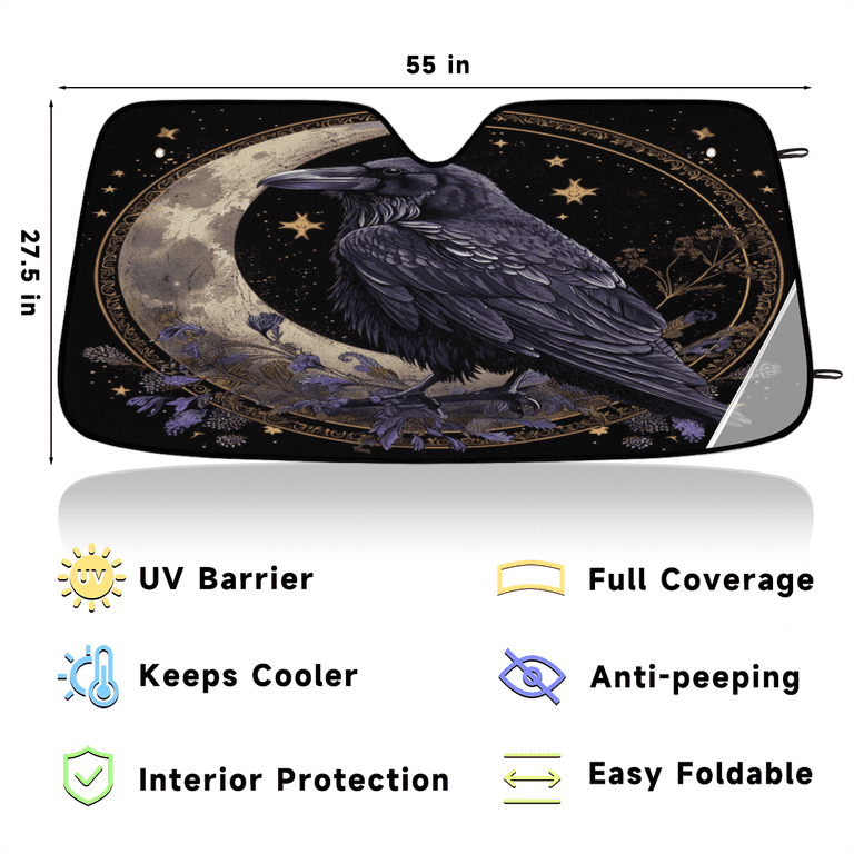 ADECORIVY Black Raven Crow Car Windshield Sun Shade, Front Window