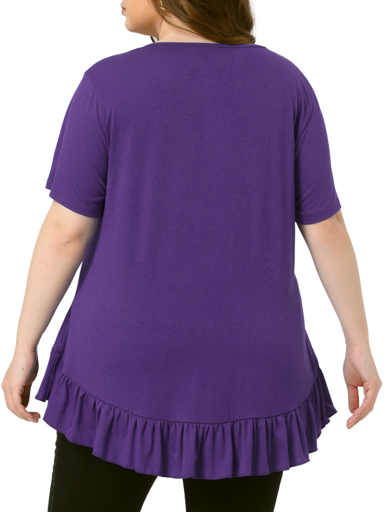 Women's Plus T Shirts Henley V Neck Button Up Short Sleeve Ruffled Hem Blouses Tops 1X Purple