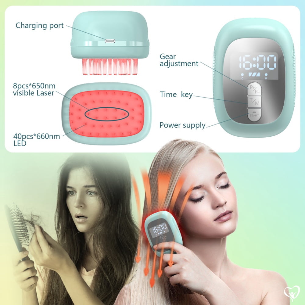 LaseLocks Red Light Massage Comb - 40 x 660nm LED Beads + 8 x 650nm LED Beads, Rechargeable, Compact Travel Design with Detachable Storage Pouch-Blue