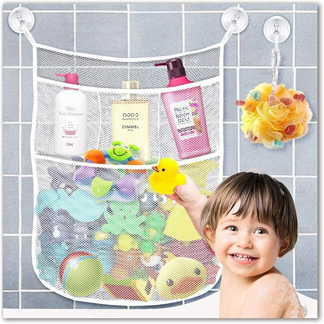 Bolsa colgante de malla para organizador de juguetes de baño para bebé con ganchos de succión y pegatinas