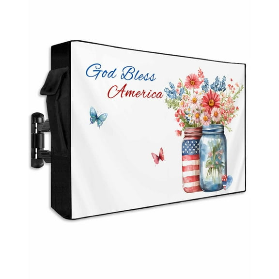 4th of July Outdoor TV Cover 30 to 32 Inch Weatherproof, Independence Day Spring Floral Butterfly 600D Oxford TV Covers with Waterproof Zipper, Outside Flat TV Screen Protector Size 30"Wx19"Hx4.5"D