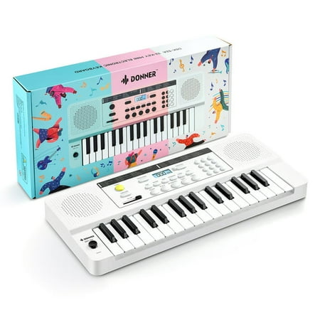 Donner 32 Key Electronic Keyboard Piano, Fun Gift for Birthday& Christmas for Beginners, Kids Instrument with LED Light Keyboard Teaching Mode, White, DEK-32A