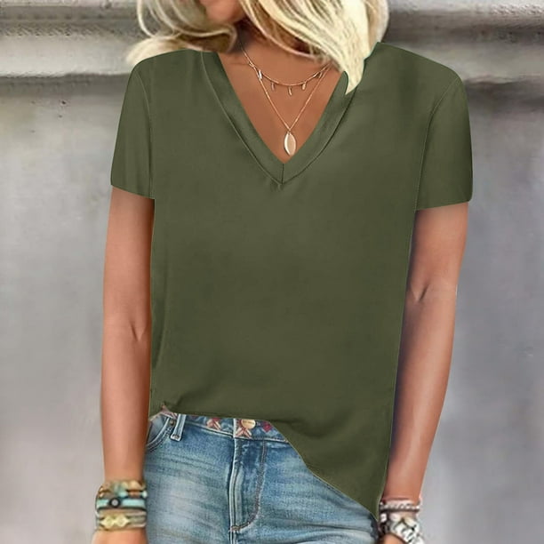 Fiudx Ofertas de La Semana Blusas Casuales de Manga Corta con Cuello En V Sólido a La Moda para Mujer