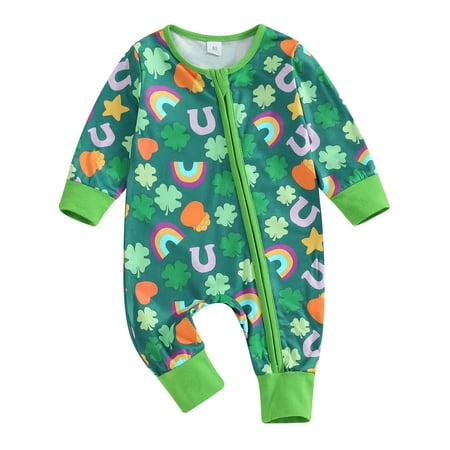 

Wallarenear Baby Girl Boy Outfits Shamrock Print Zipper Jumpsuit Long Sleeve Onesie Romper Green 6-12 Months