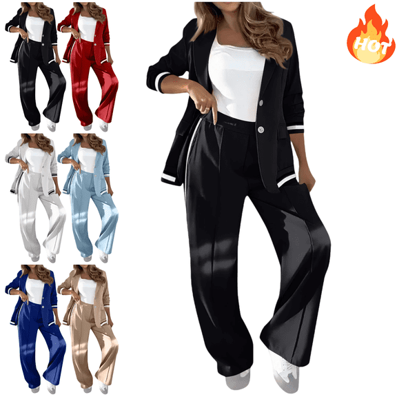 Xdegoge 2 Piece Suit Sets for Women Plus Size Oversized Business Casaul Outfits Long Sleeve Lapel Blazer Jacket Button Cozy Dress Coat Pleated Dress Pants Comfy Trousers 2025 Trendy formal Officewear
